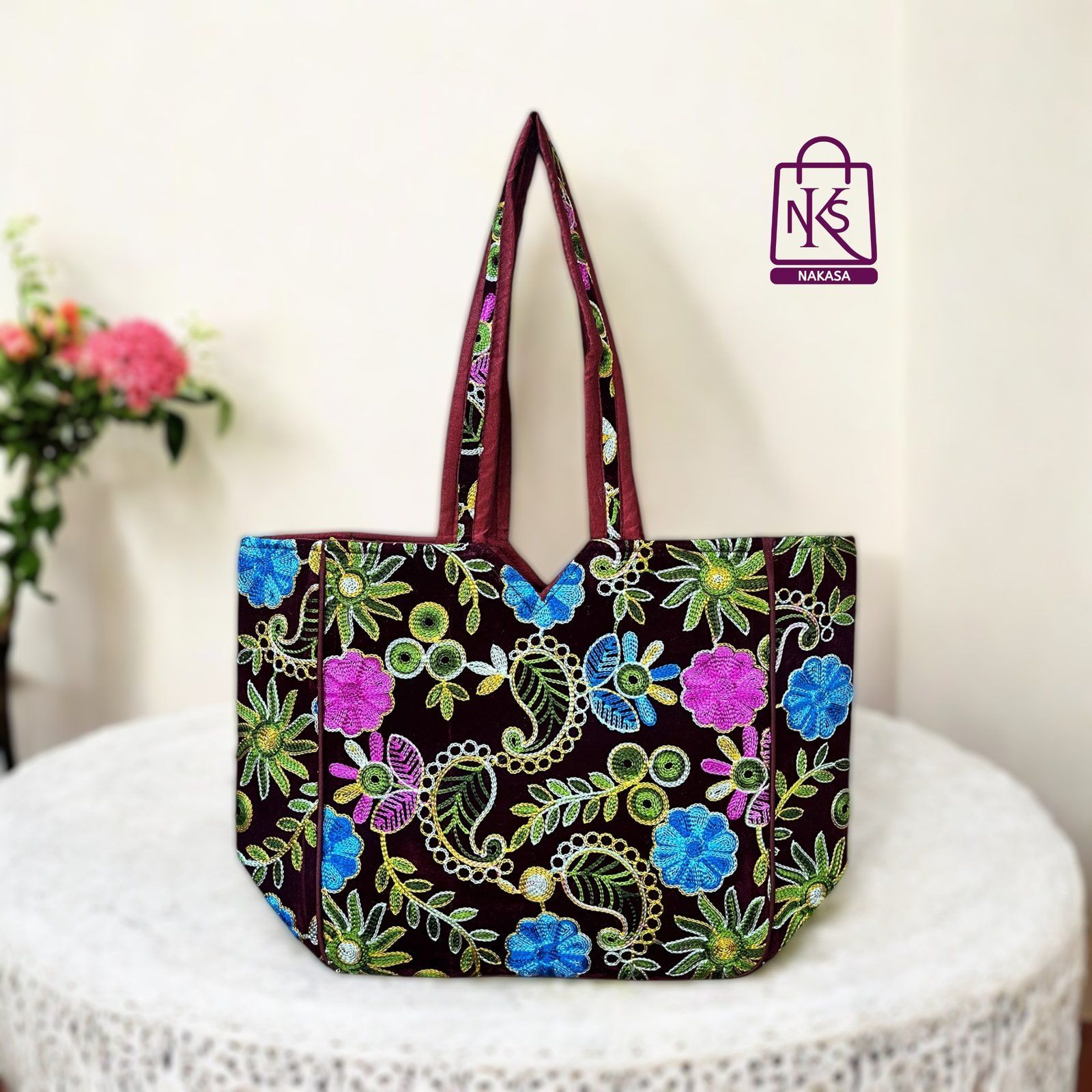 NAKASA Women's Kashmiri Handmade Flower Embroidery Regular Maroon Tote Bag