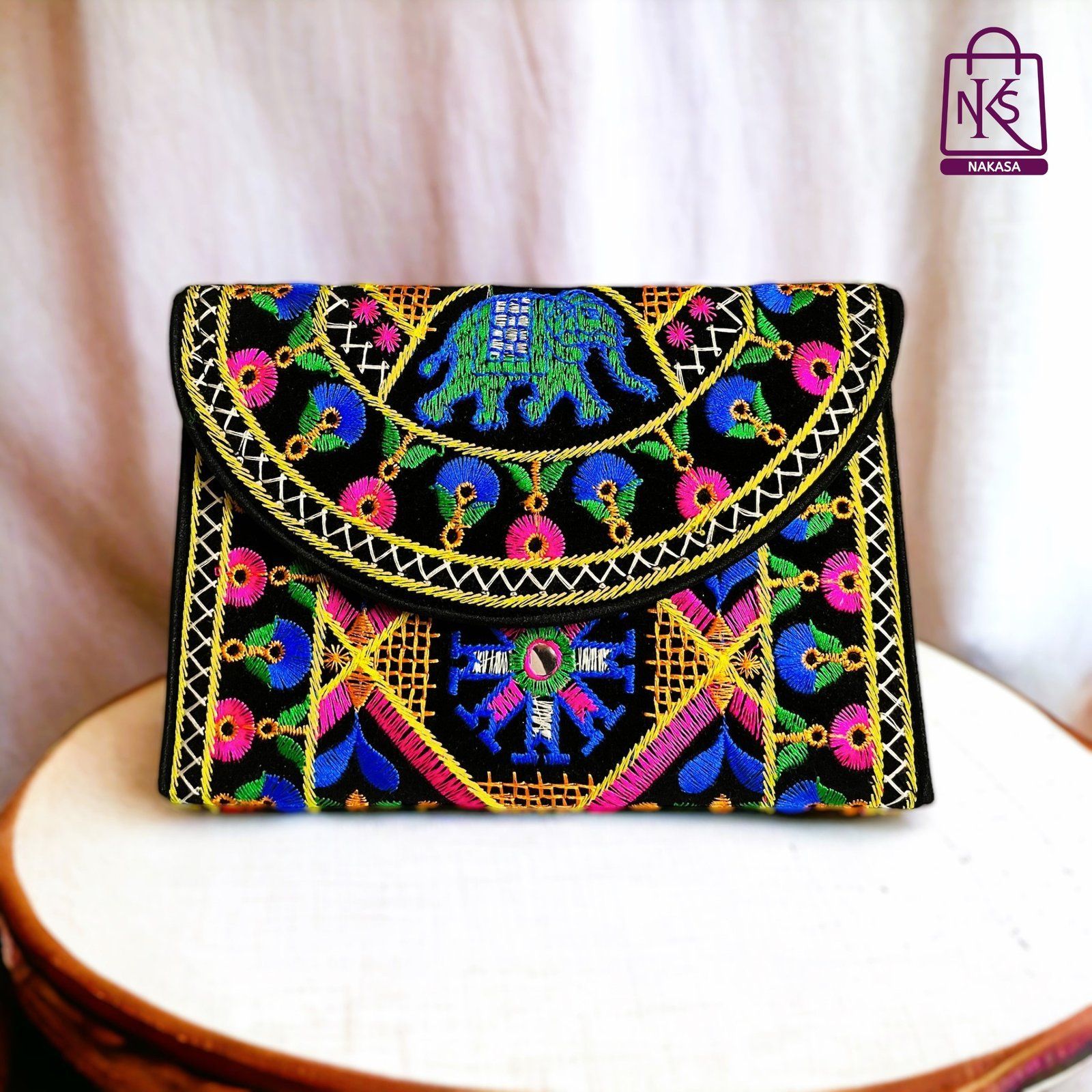 NAKASA Women's Ahmedabadi Handmade Elephant and Flower Embroidery Small Black Clutch Bag