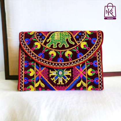 NAKASA Women's Ahmedabadi Handmade Elephant and Flower Embroidery Small Maroon Clutch Bag