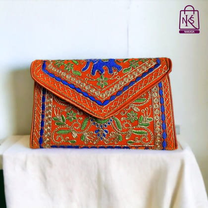 NAKASA Women's Gujarati Handmade Aari Zari Embroidery Small Orange Clutch Bag