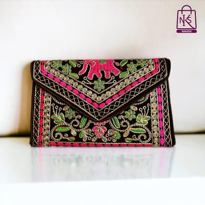 NAKASA Women's Gujarati Handmade Aari Zari Embroidery Small Maroon Clutch Bag