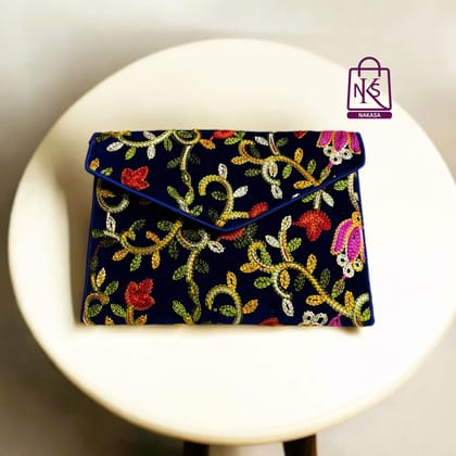 NAKASA Women's Kashmiri Handmade Flower Embroidery Small Blue Clutch Bag