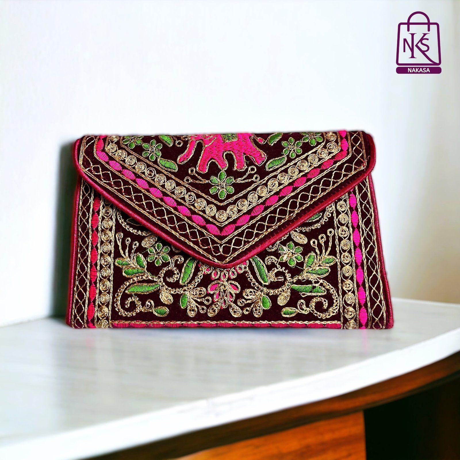 NAKASA Women's Gujarati Handmade Aari Zari Embroidery Small Pink Clutch Bag