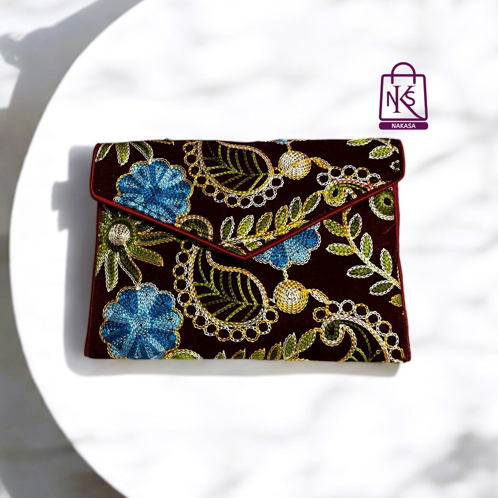 NAKASA Women's Kashmiri Handmade Flower Embroidery Small Maroon Clutch Bag