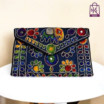 NAKASA Women's Jaipuri Handmade Damru Embroidery Small Blue Clutch Bag