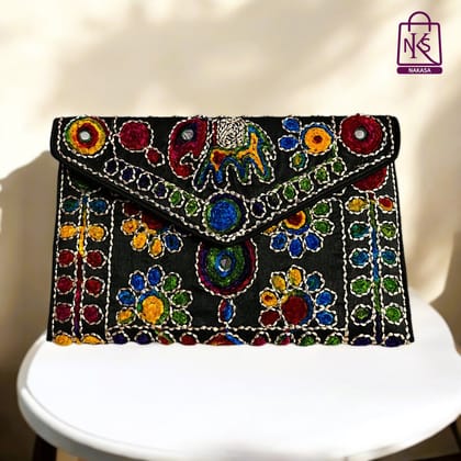 NAKASA Women's Jaipuri Handmade Damru Embroidery Small Black Clutch Bag