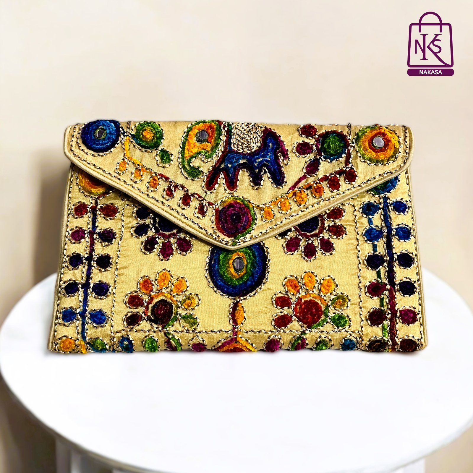 NAKASA Women's Jaipuri Handmade Damru Embroidery Small Beige Clutch Bag