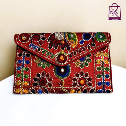 NAKASA Women's Jaipuri Handmade Damru Embroidery Small Red Clutch Bag