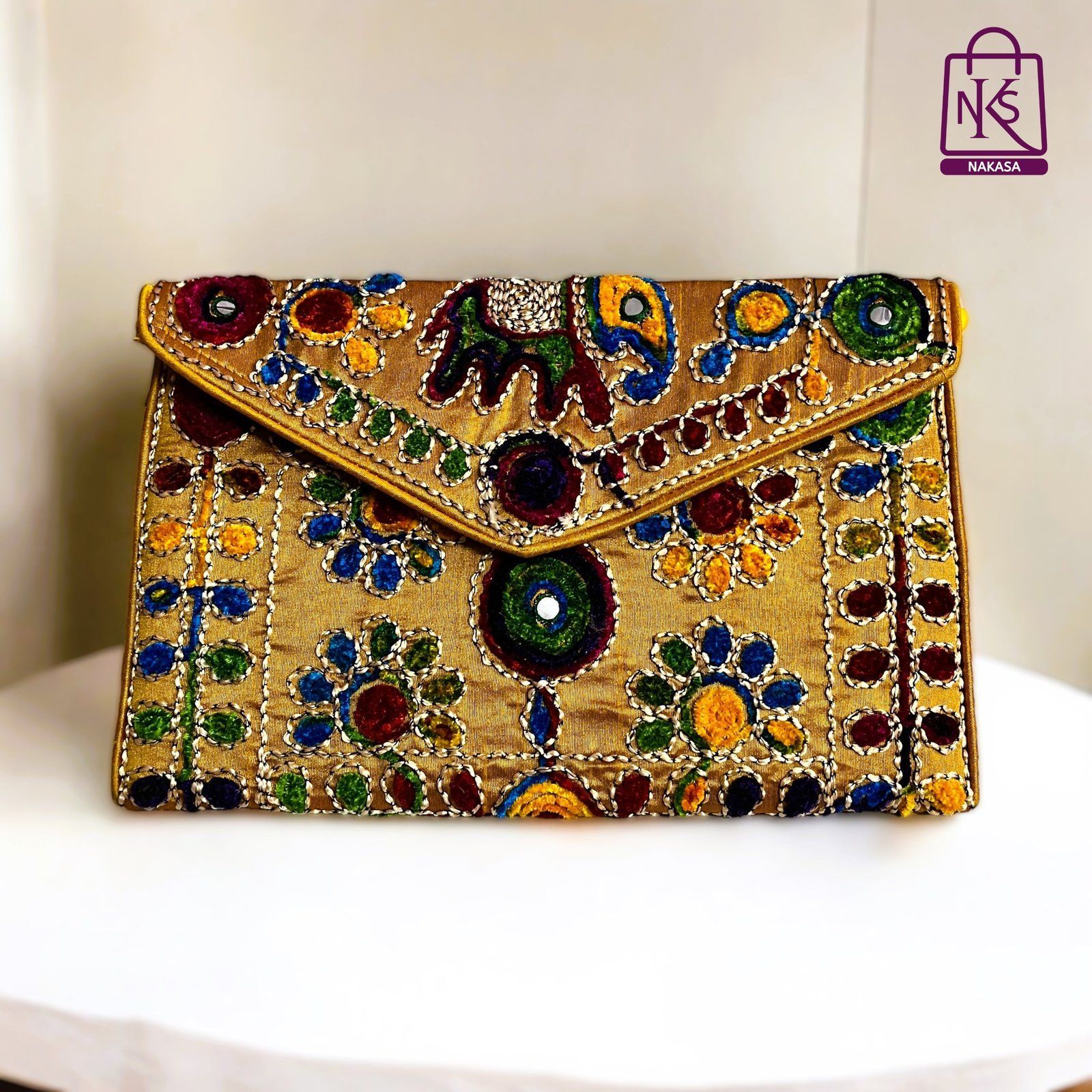 NAKASA Women's Rajasthani Handmade Damru Embroidery Regular Yellow Clutch Bag