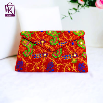 NAKASA Women's Rajasthani Handmade Embroidery Regular Red Velvet Clutch Bag