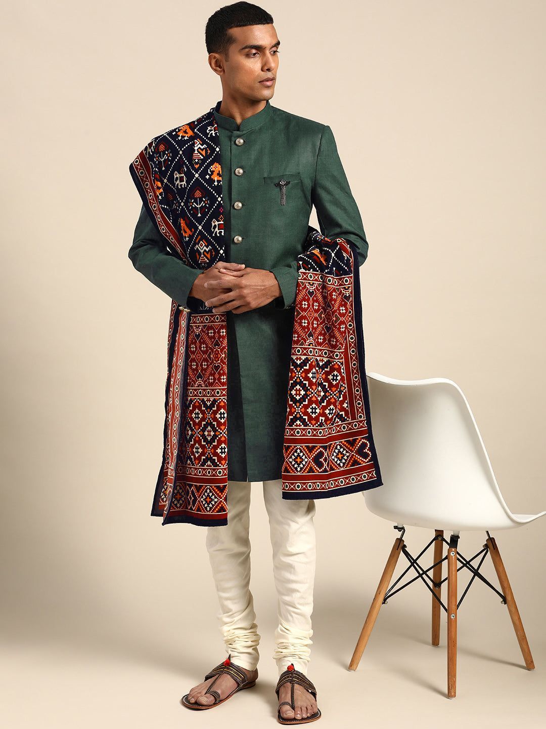 Men's Green Indowestern Set With Churidar and Dupatta