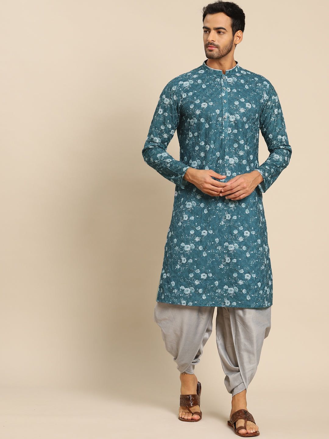 Men Blue Printed Textured Kurta Dhoti Set