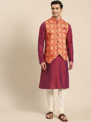 Men Red Kurta Jacket Set