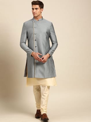 Men's Grey Indowestern Set With Kurta and Churidar