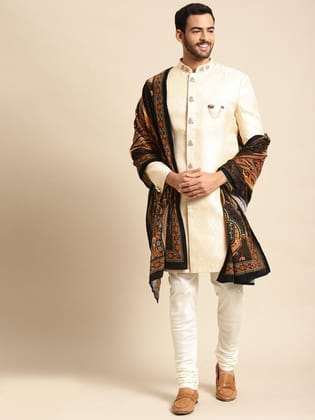 Men Cream Textured Solid Indowestern Churidar with Dupatta Set