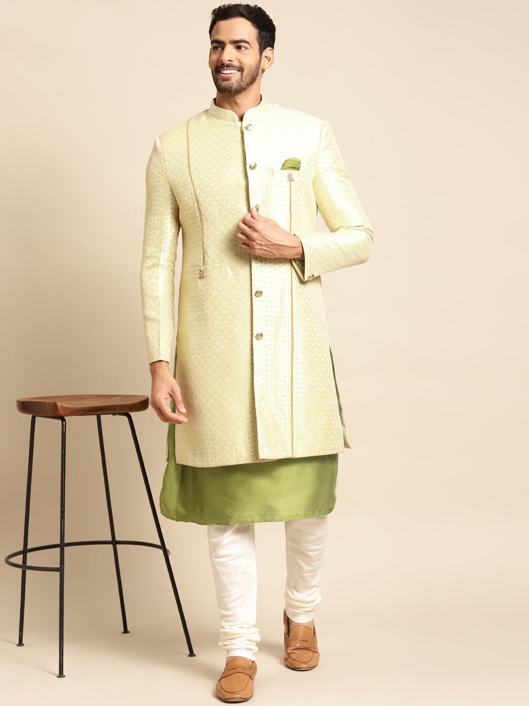 Men's Gold Indowestern Set With Kurta and Churidar