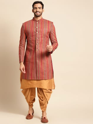 Men's Red Indowestern Set With Kurta and Dhoti