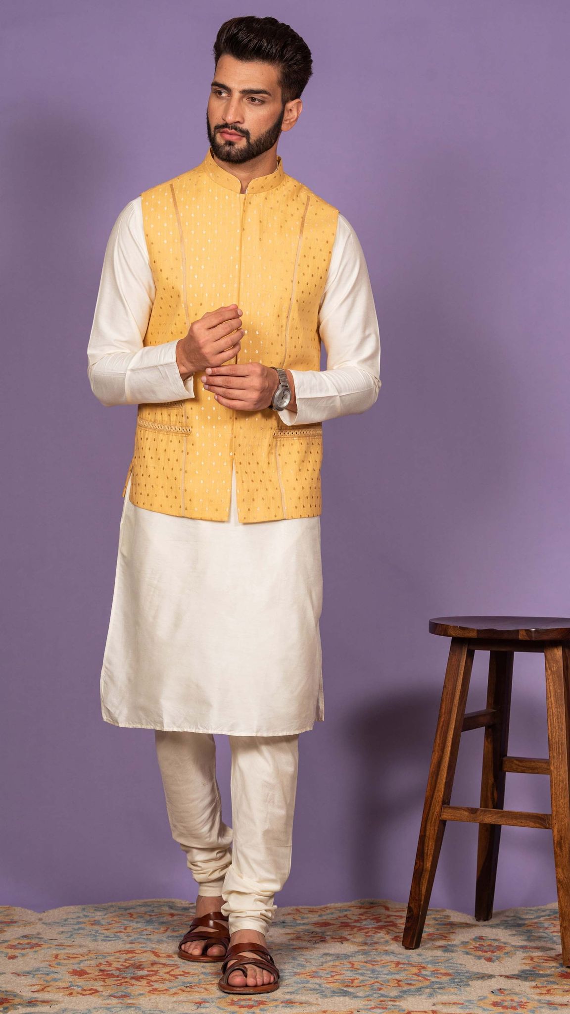 Men Yellow Kurta Jacket Set