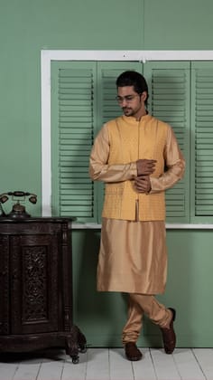 Kisah Men Yellow Kurta Jacket Set