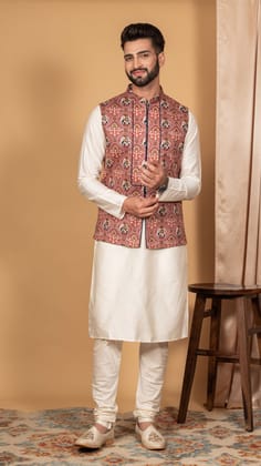 Men Pink Kurta Jacket Set