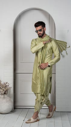 Men Green Kurta Dhoti Pant with Dupatta Set