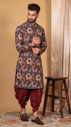 Men Multi Coloured Printed Kurta Dhoti Set