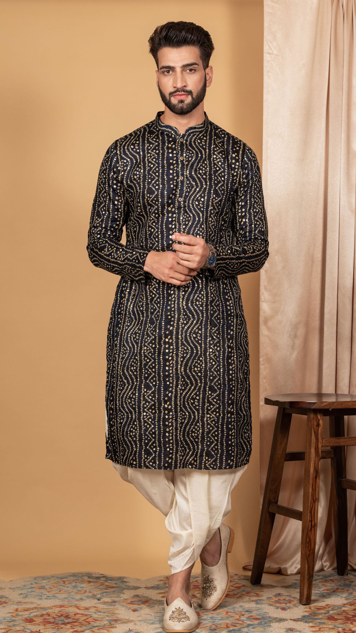 Men's Navy Blue Kurta Dhoti Pants Set