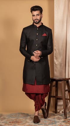 Men Black Solid Kurta Indowestern Dhoti Set