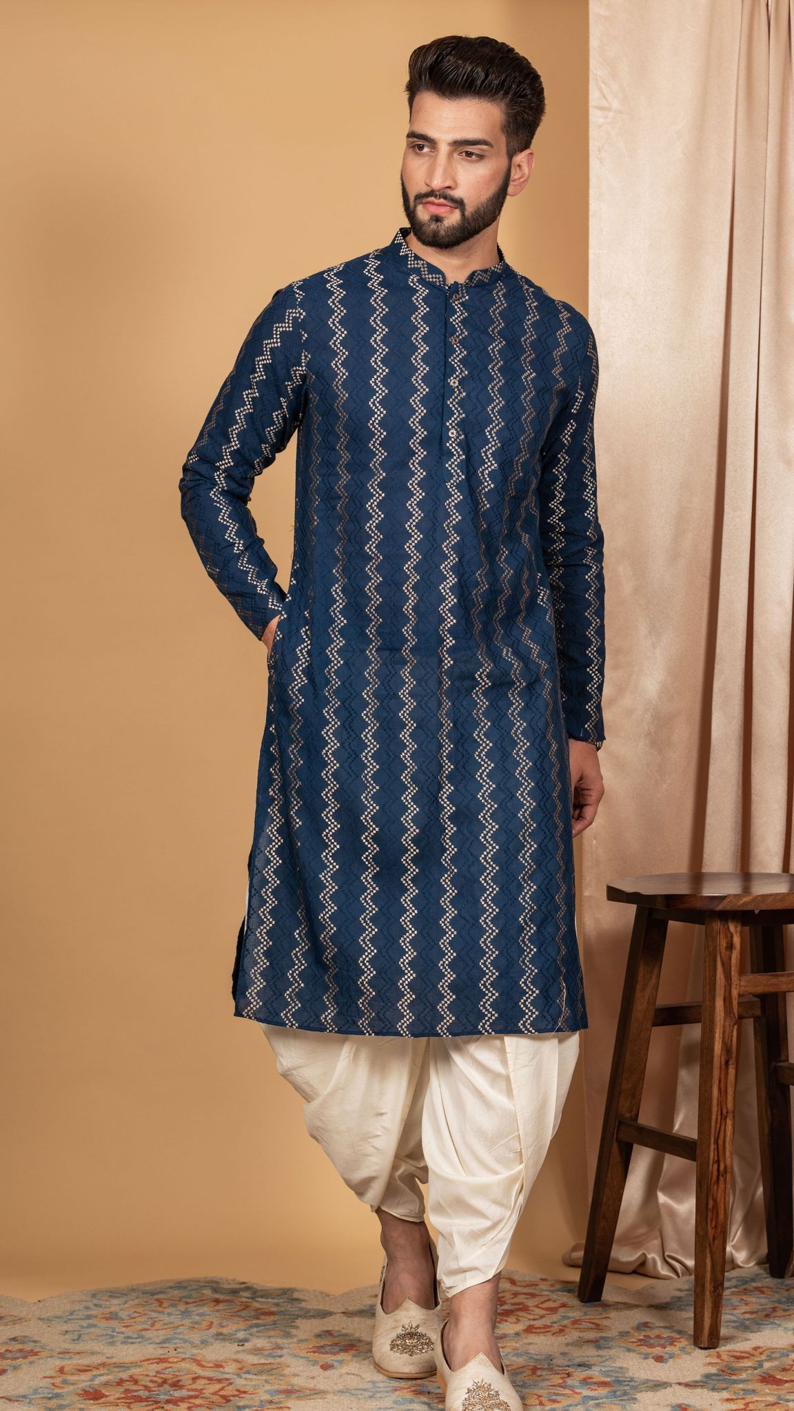 Men Navy Blue Chevron Textured Kurta Dhoti Set