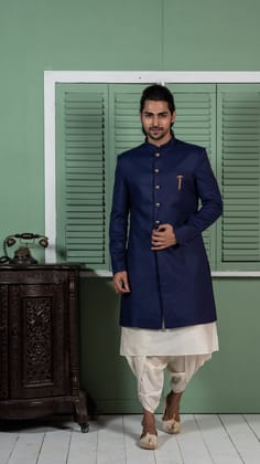 Men's Navy Blue Indowestern Set With Kurta and Dhoti