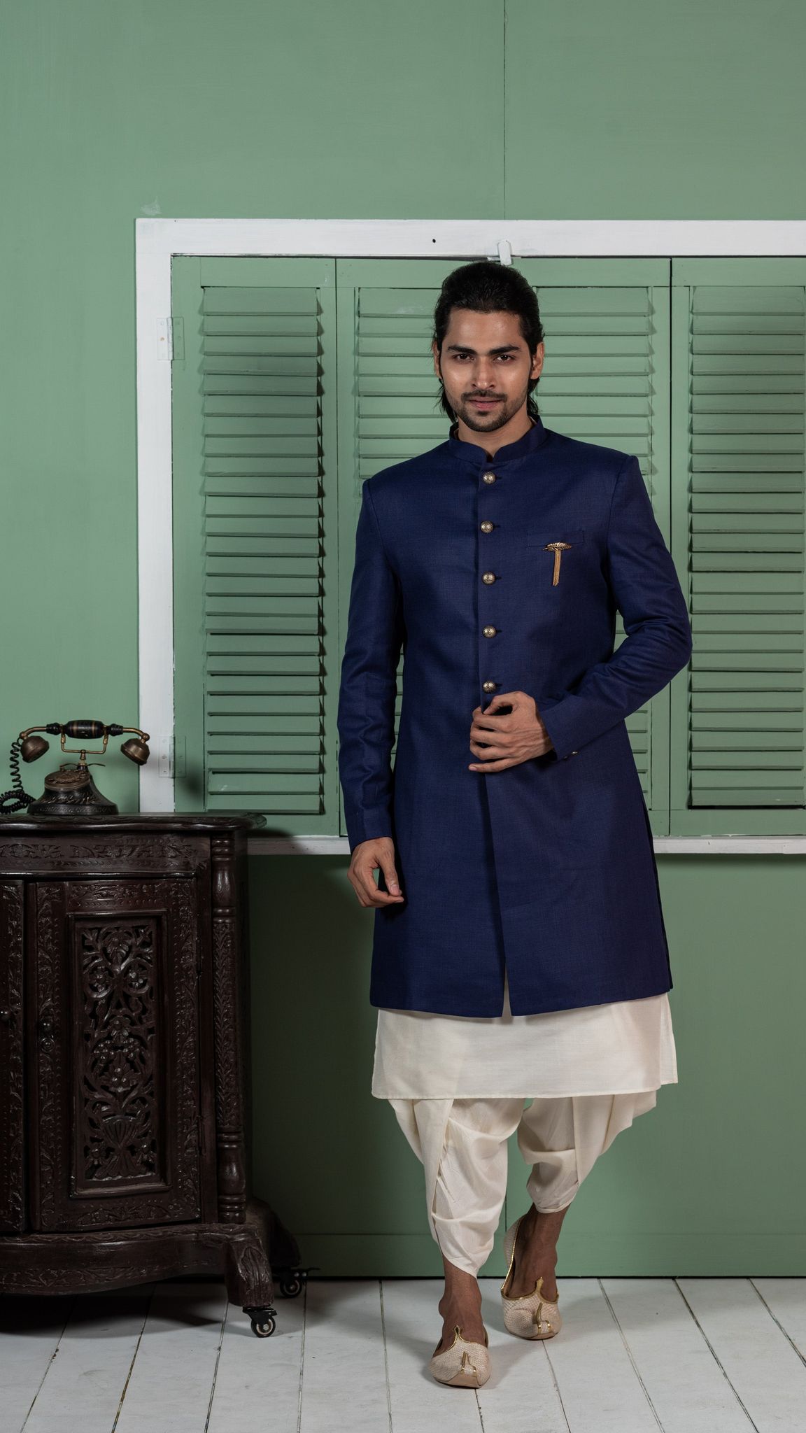 Men's Navy Blue Indowestern Set With Kurta and Dhoti