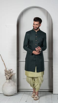 Men's Green Indowestern Set With Kurta and Dhoti