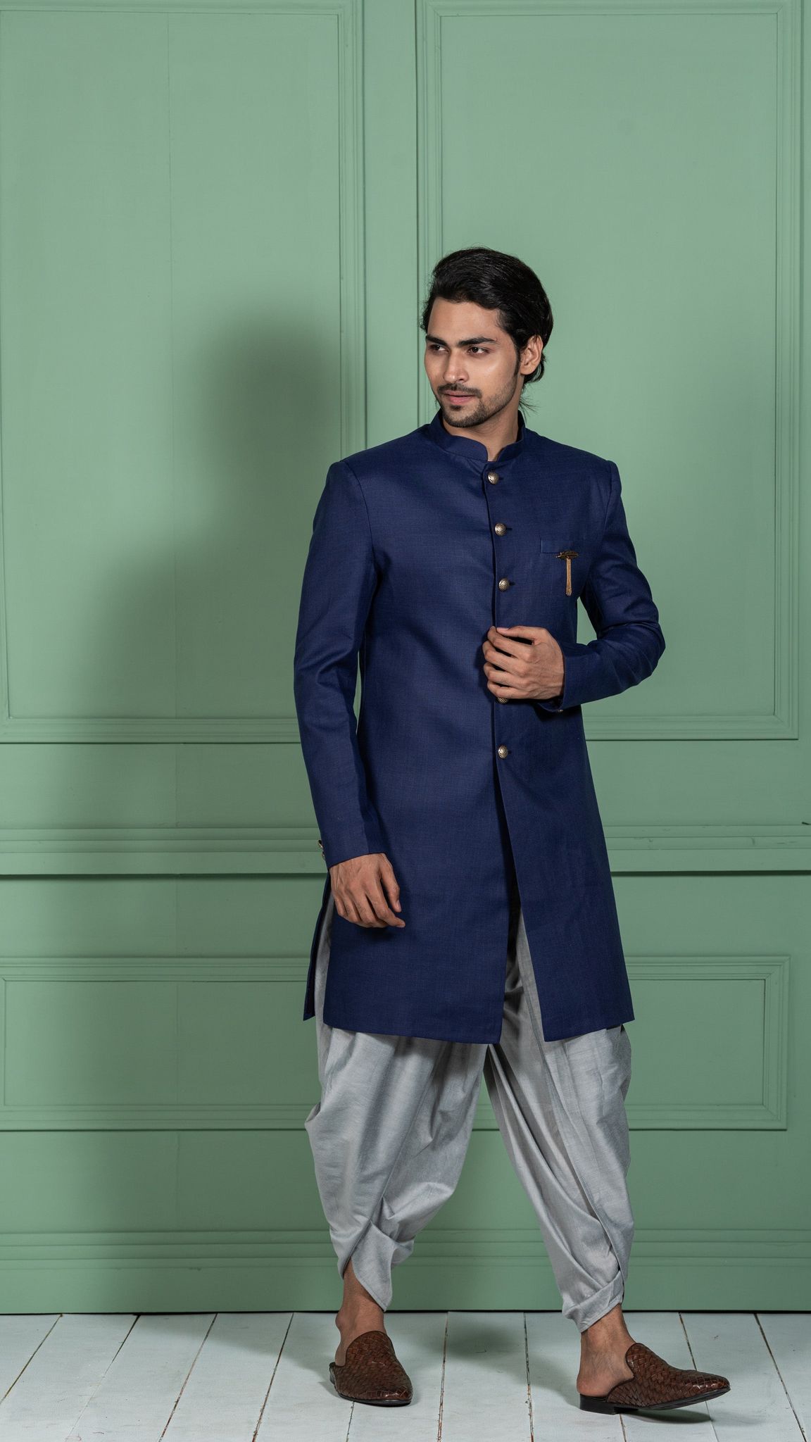 Men's Navy Blue Indowestern Set With Dhoti