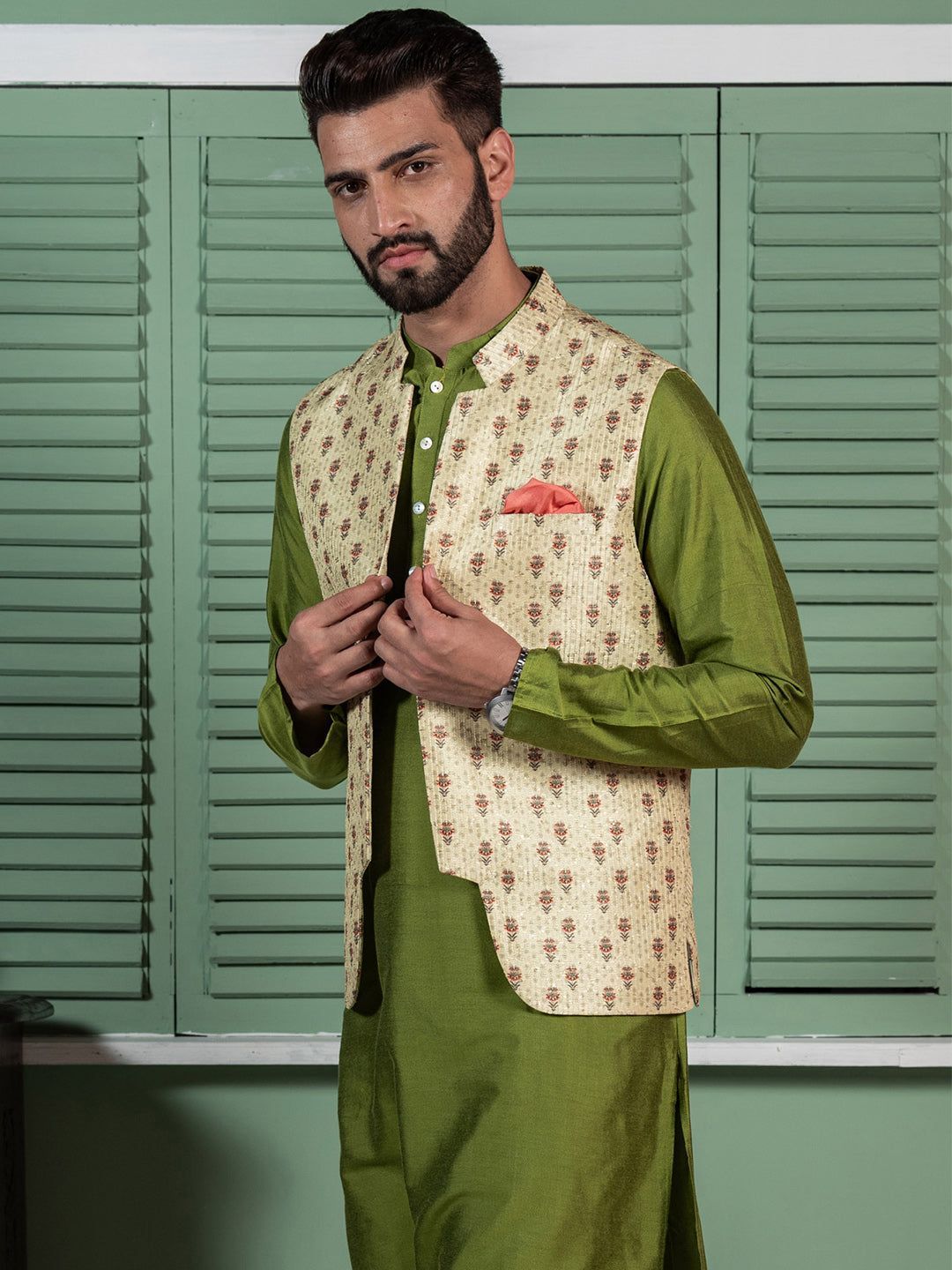 Kisah Men Lime Green Nehru Jacket (Set of 1)