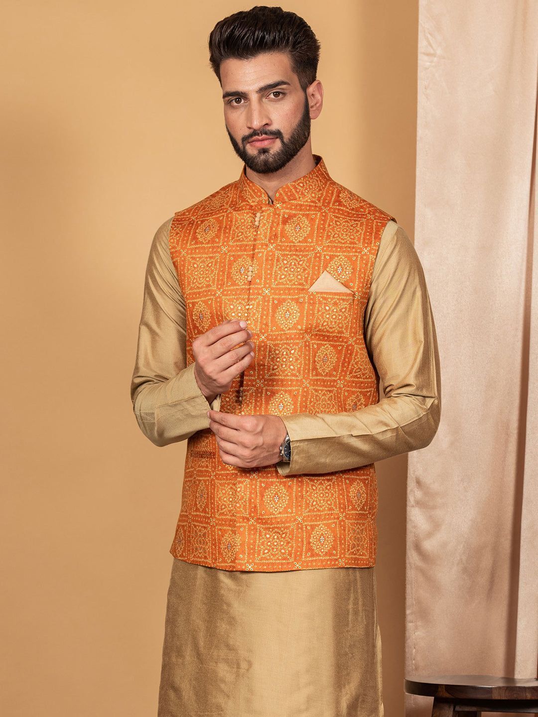 Men Orange Nehru Jacket (Set of 1)