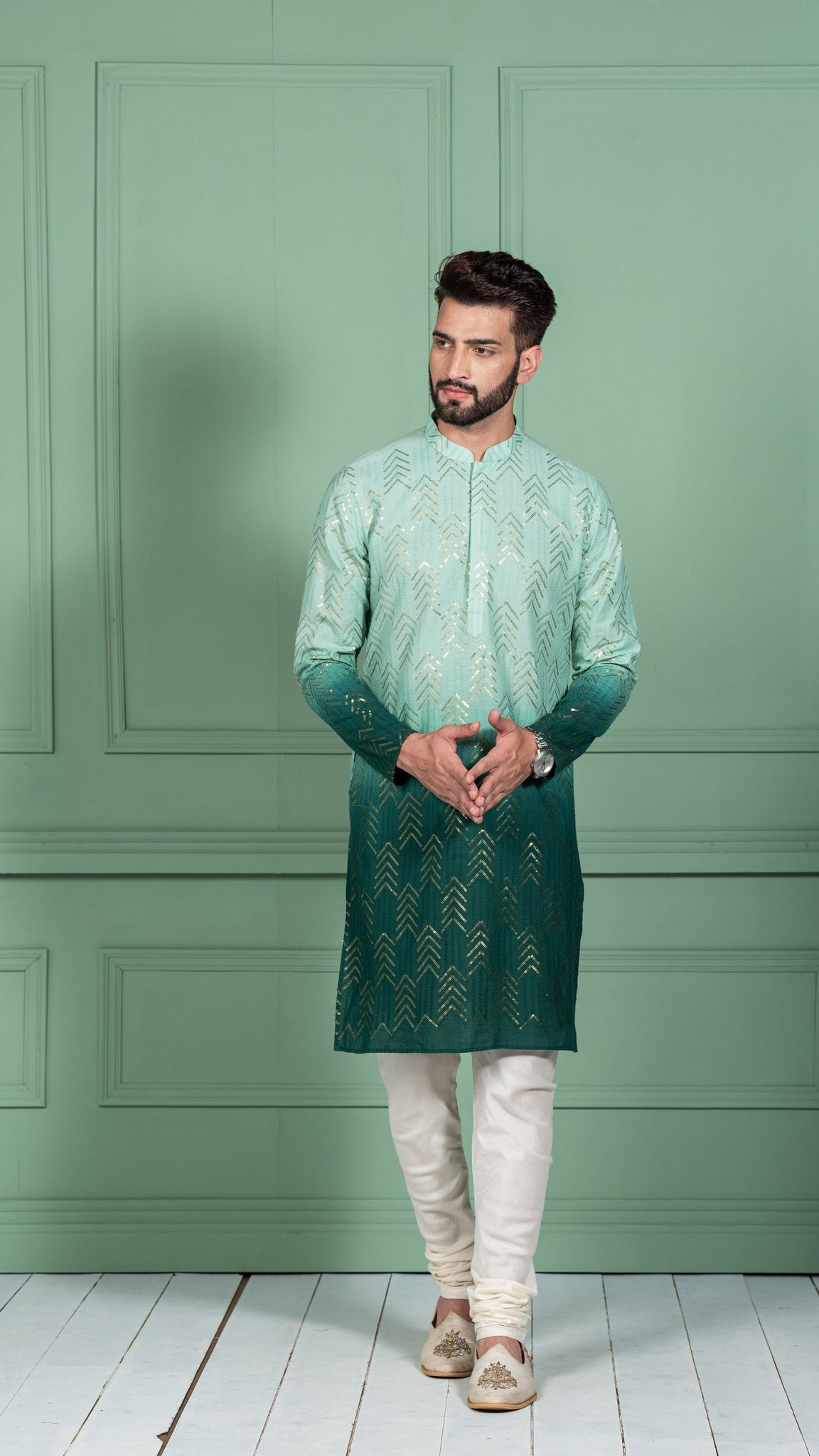 Men Green Ombre Kurta (Set of 1)