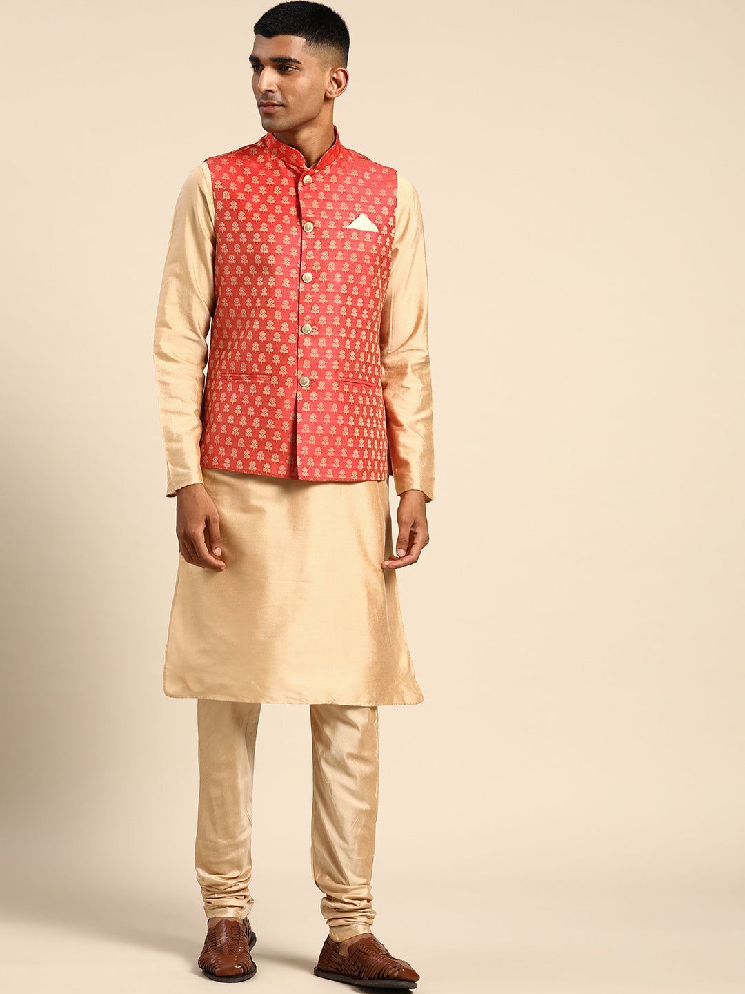 Kisah Men Red Color Kurta Jacket Set