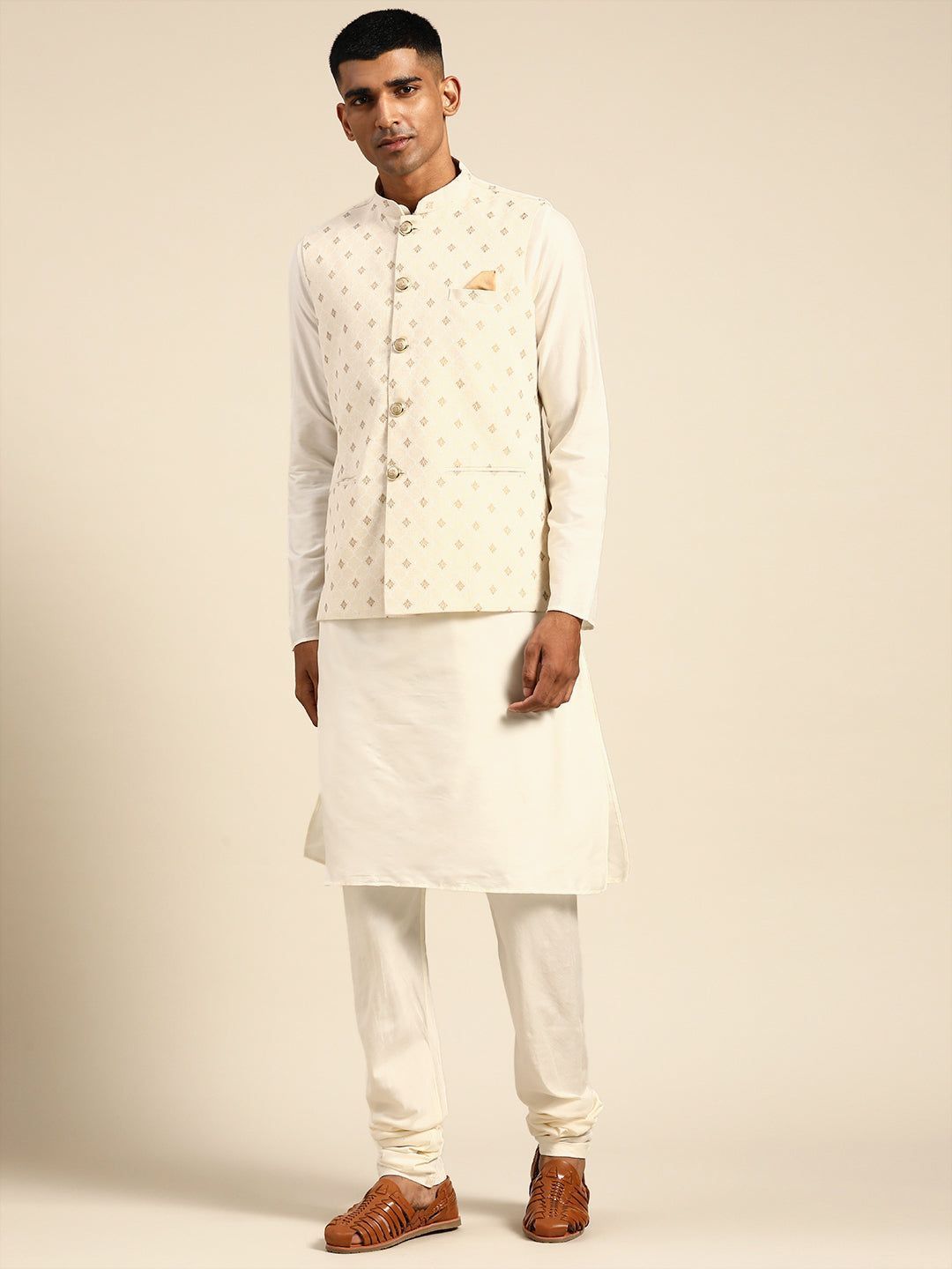 Men Off White Color Kurta Jacket Set