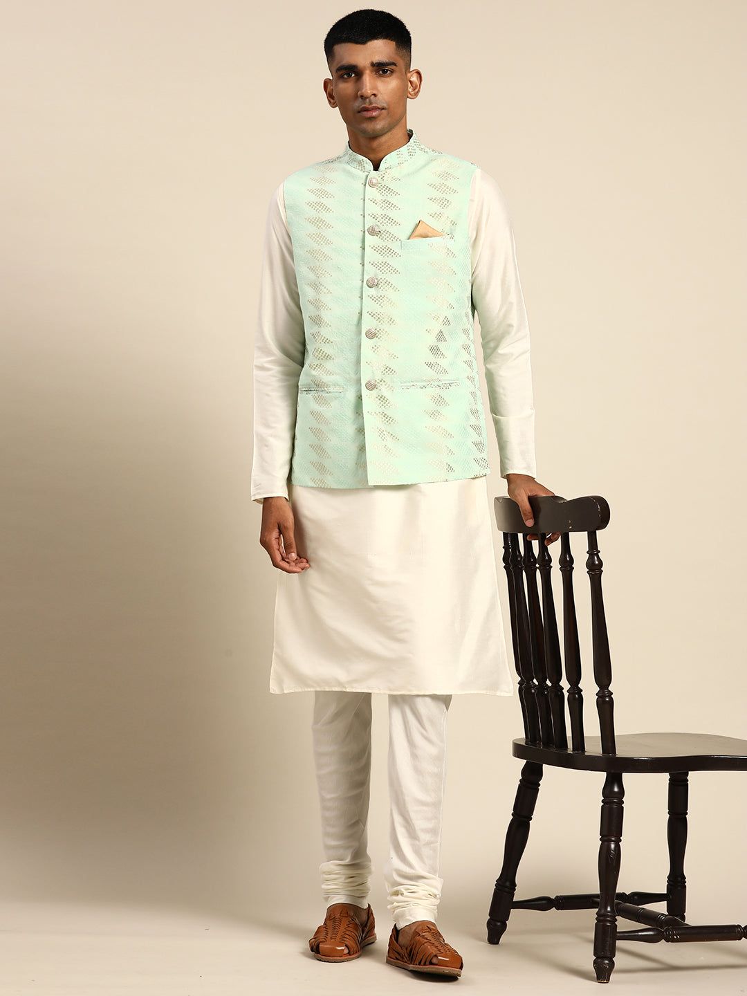 Kisah Men Green Color Kurta Jacket Set