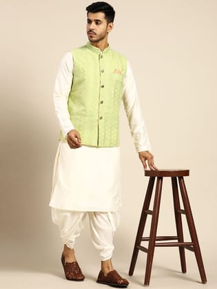 Men Green Color Kurta Jacket Set