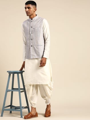 Men Grey Color Kurta Jacket Set