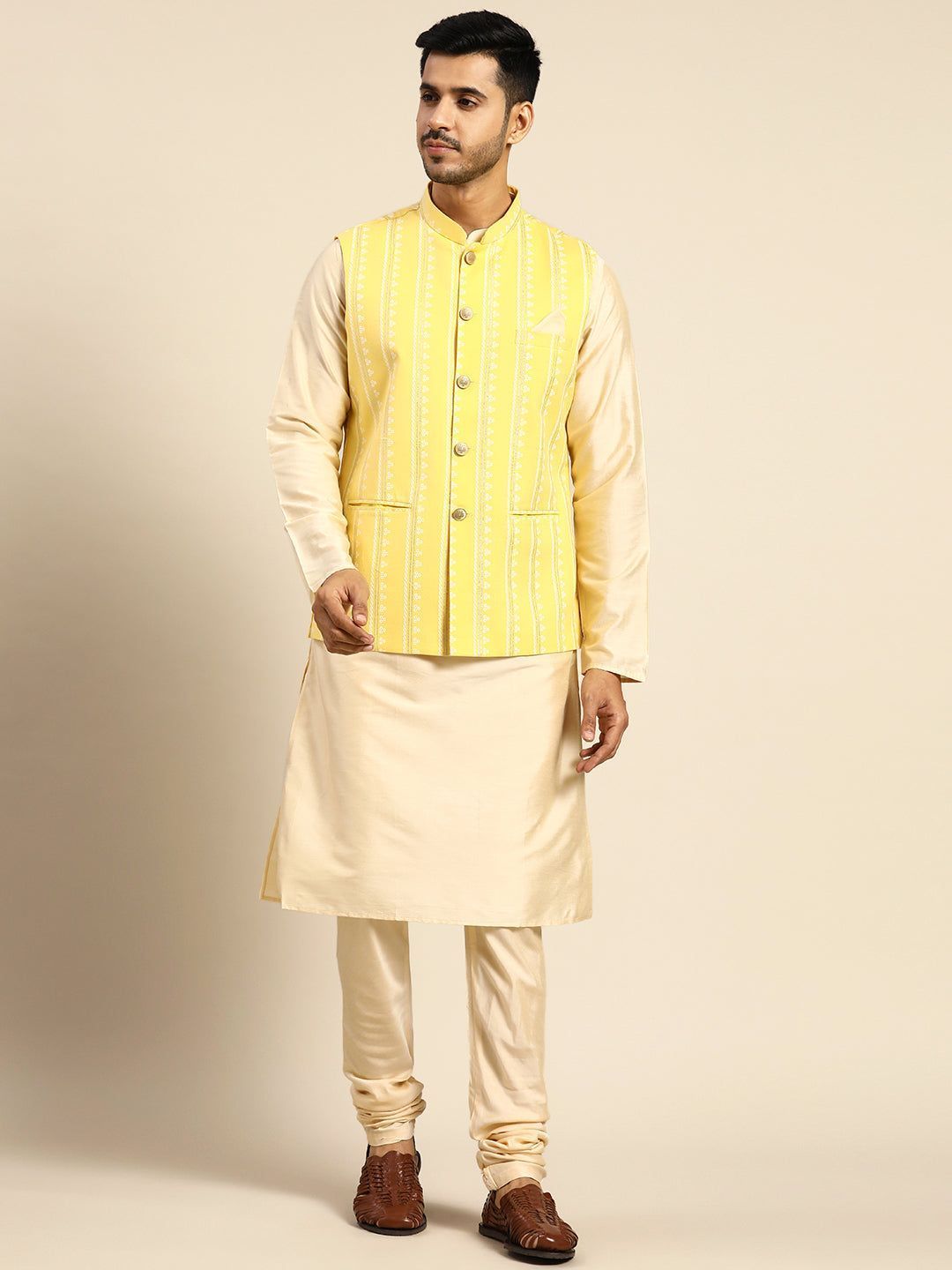 Kisah Men Yellow Color Kurta Jacket Set