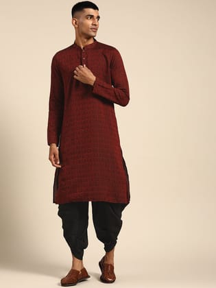 Men Maroon Textured Kurta Dhoti Set