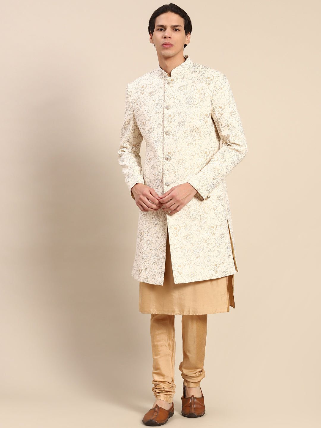 Kisah Men's Off White Indowestern Set With Kurta and Churidar