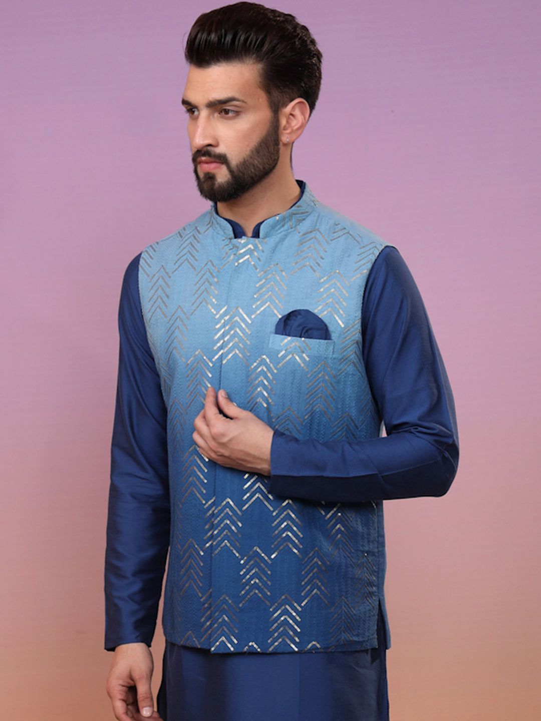 Men Navy Blue Ombre Nehru Jacket (Set of 1)