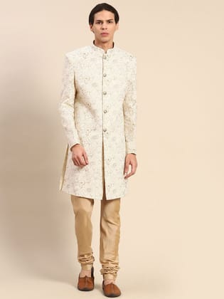 Men's Off White Indowestern Set With Kurta and Churidar