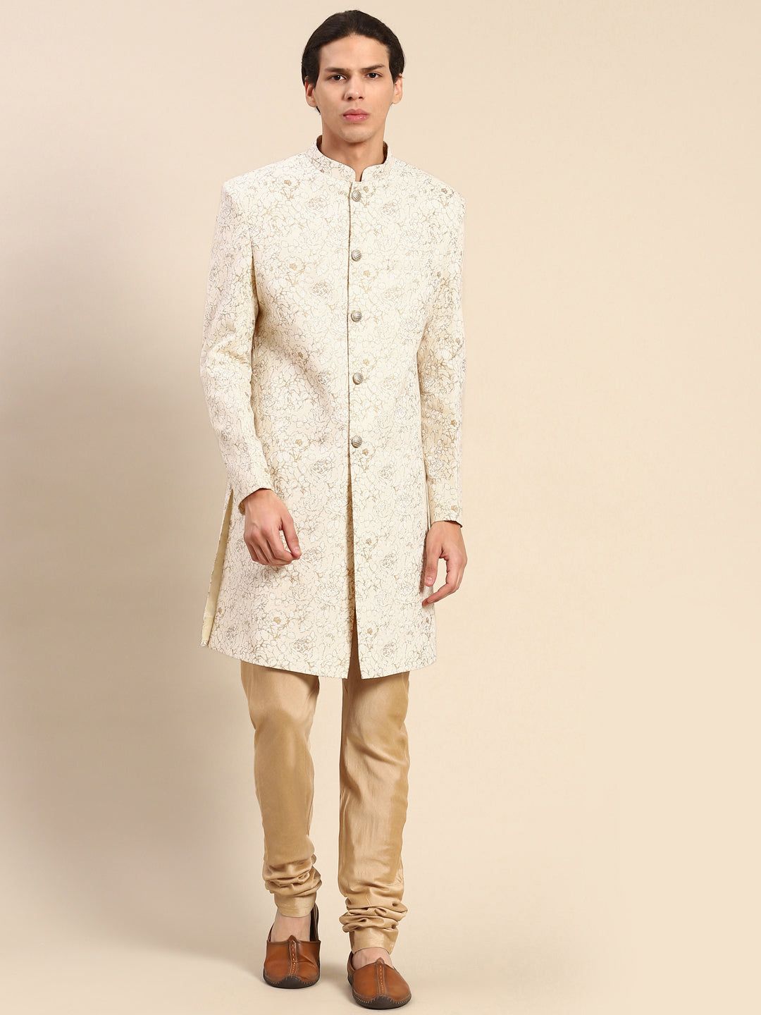 Men's Off White Indowestern Set With Kurta and Churidar