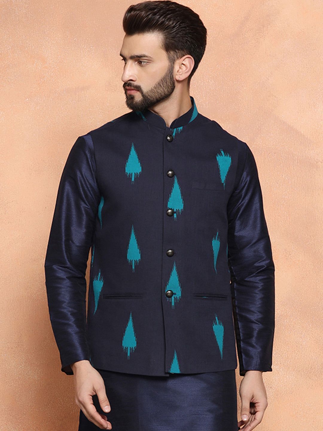 Men Navy Blue Nehru Jacket (Set of 1)