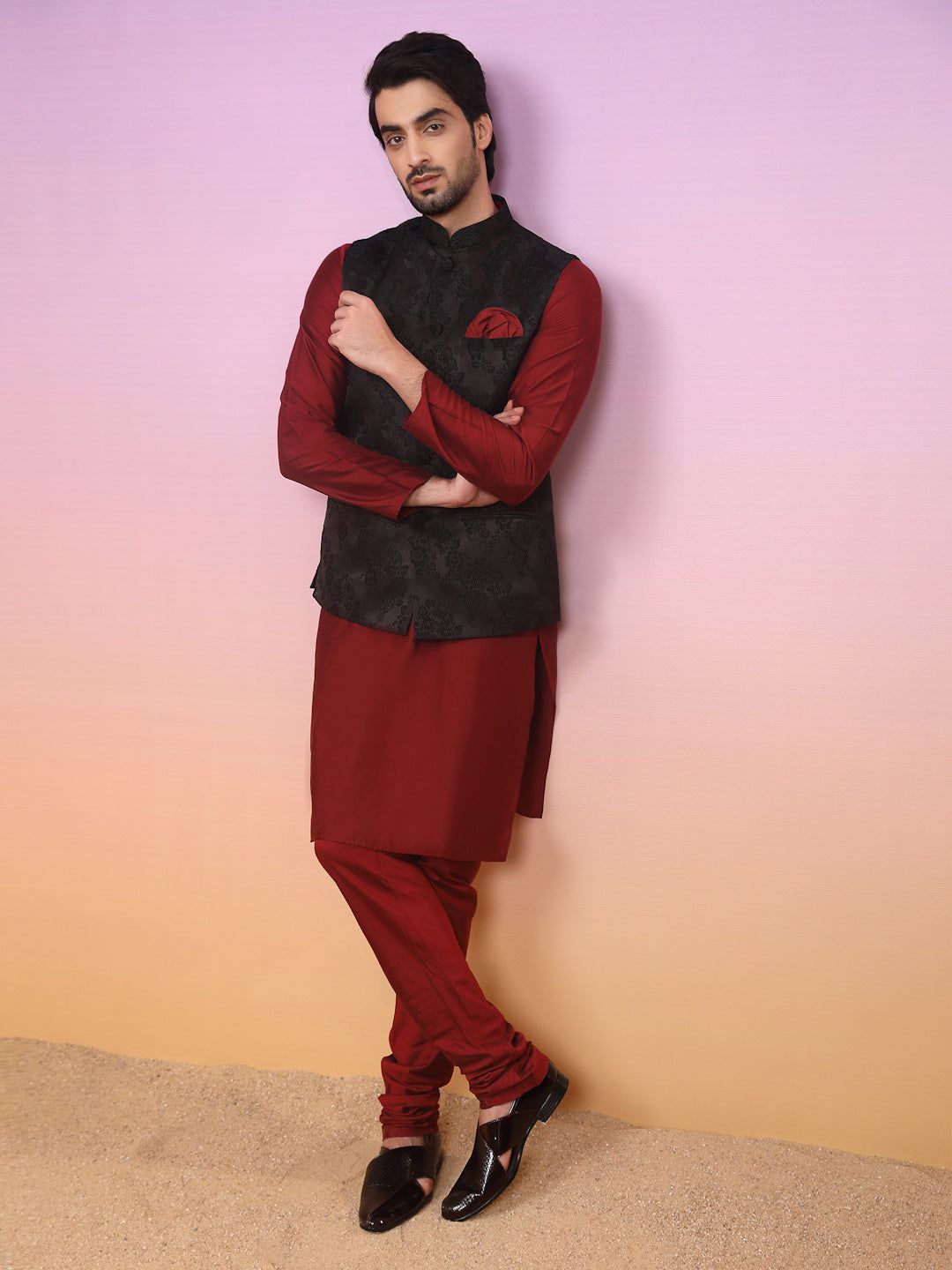 Men Black Kurta Jacket Set