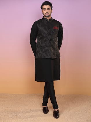 Men Black Embossed Kurta Jacket Churidar Set